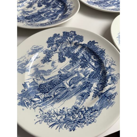 Vintage Wedgwood Dinner Plates Set of 4 Blue Transferware "Countryside" Pattern - Picture 5 of 10